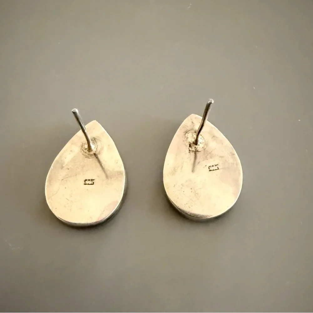 Estate Sterling Silver Abalone Shell Teardrop Earrings BEAUTIFUL Color